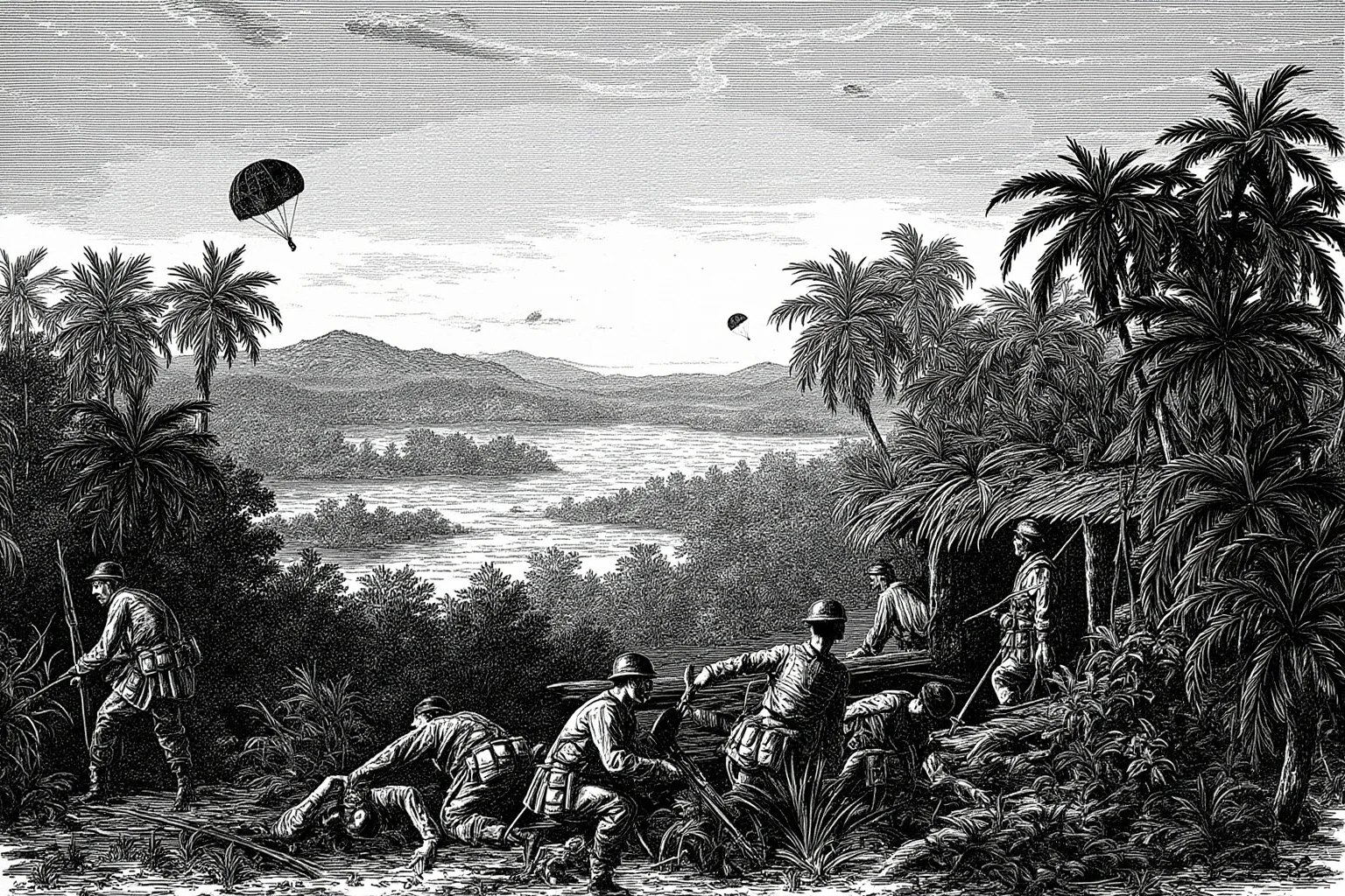 Illustration of airborne troops and jungle terrain during a rapid Central American military operation