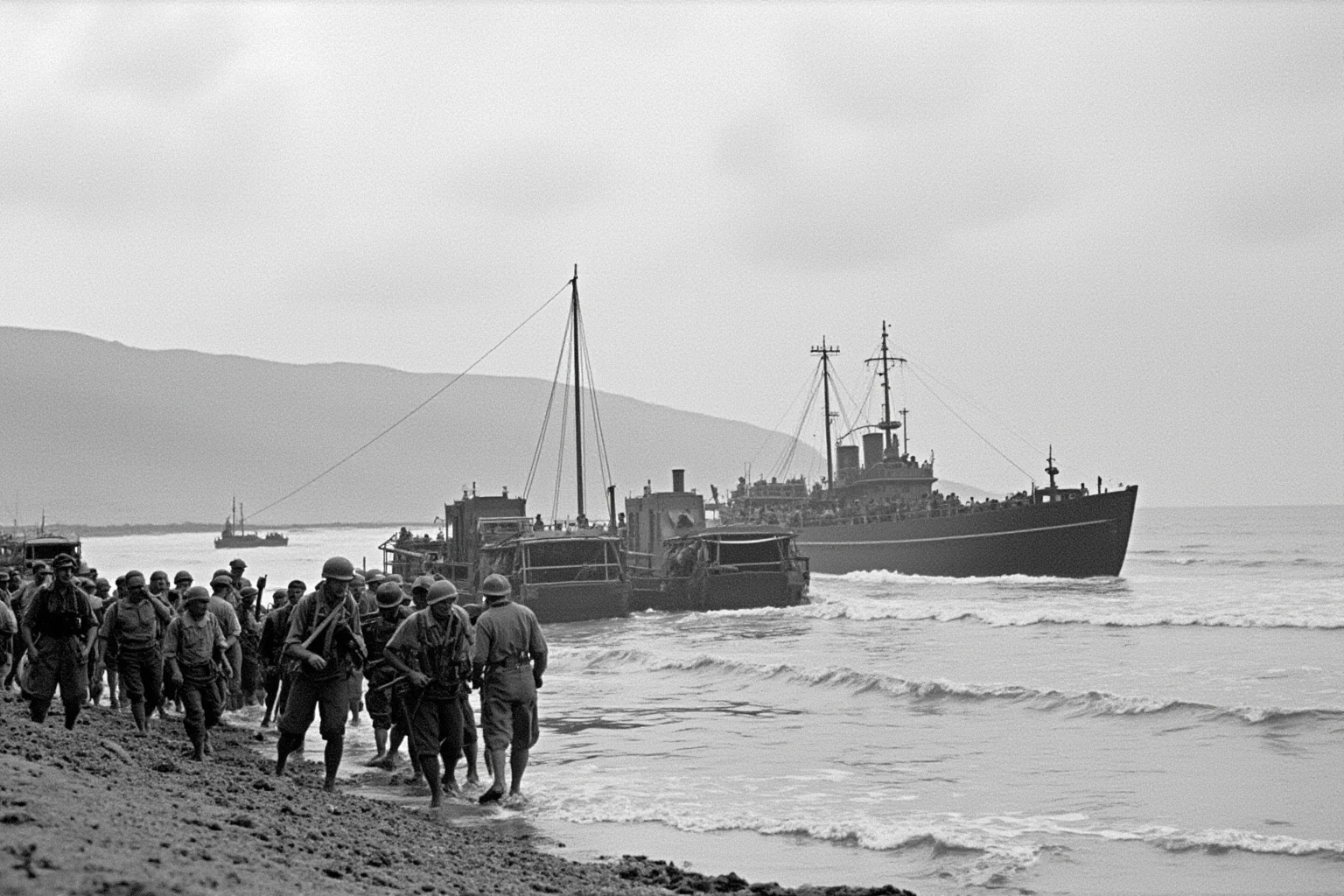 Illustration of Allied landing craft and soldiers wading ashore on a North African coastline in 1942