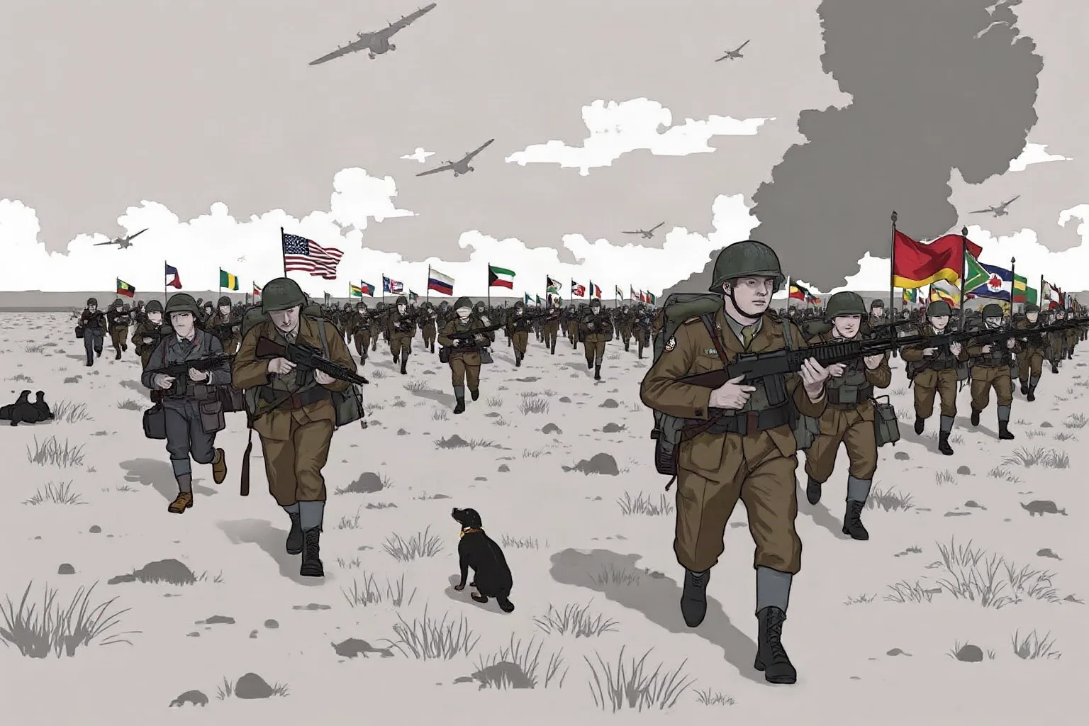 Illustration of Allied soldiers from multiple nations advancing together across the Western Front near the war's end