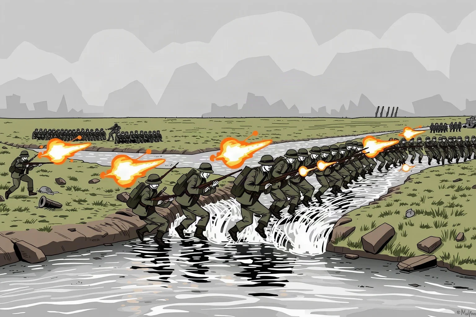 Illustration of Allied troops crossing a river under fire during a decisive 1918 counteroffensive