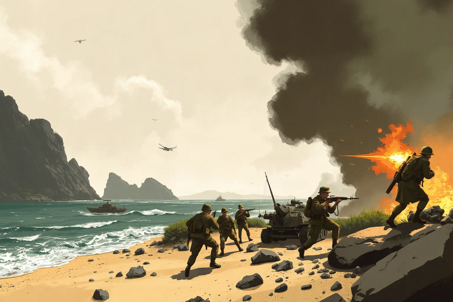 Illustration of Allied troops landing on a rocky peninsula beach under fire during an amphibious WWI campaign
