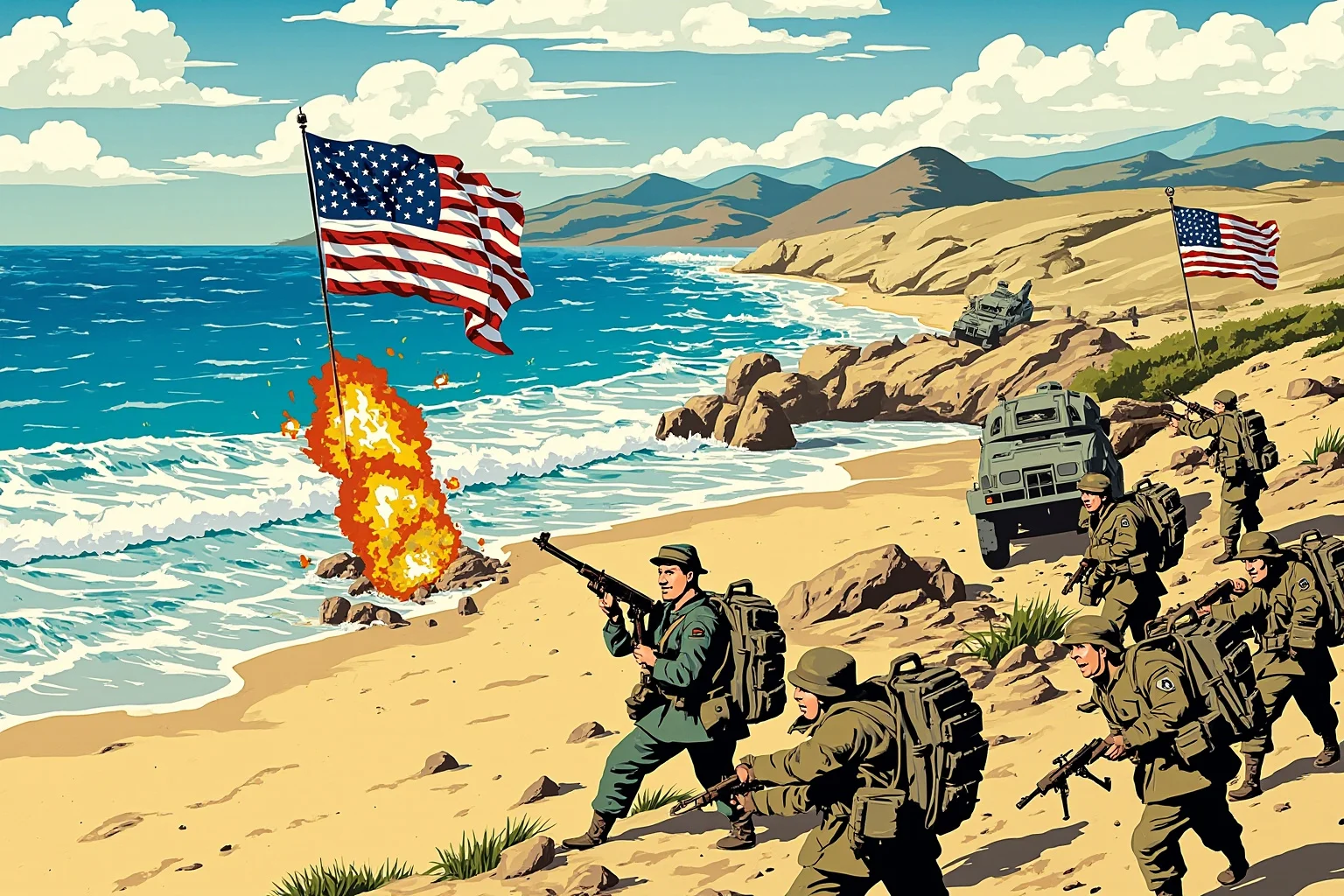 Illustration of Allied troops storming a Mediterranean beach with mountains in the background, 1943 style