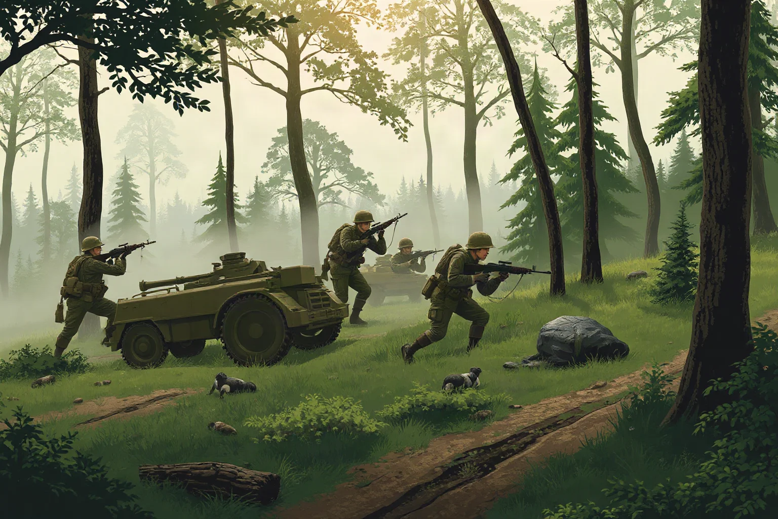 Illustration of American and French troops advancing through the dense Argonne forest terrain