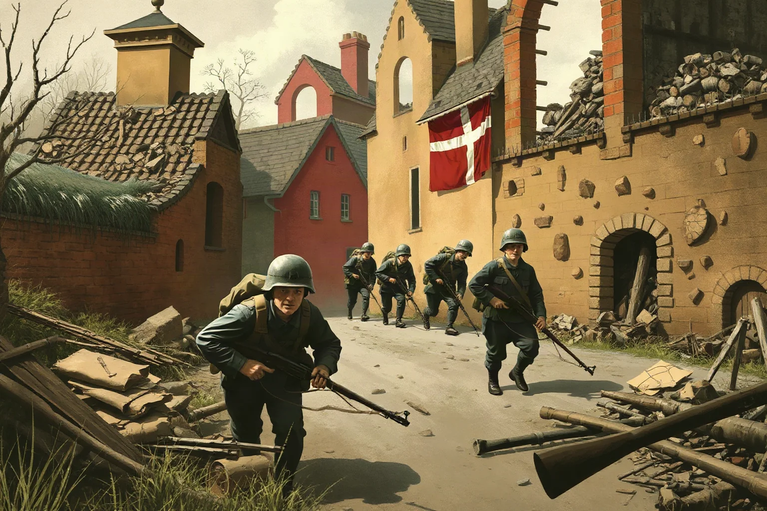 Illustration of American infantry advancing through a shattered French village in 1918