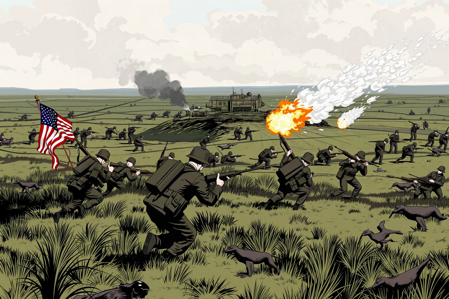 Illustration of American troops advancing to eliminate a fortified salient on a WWI battlefield