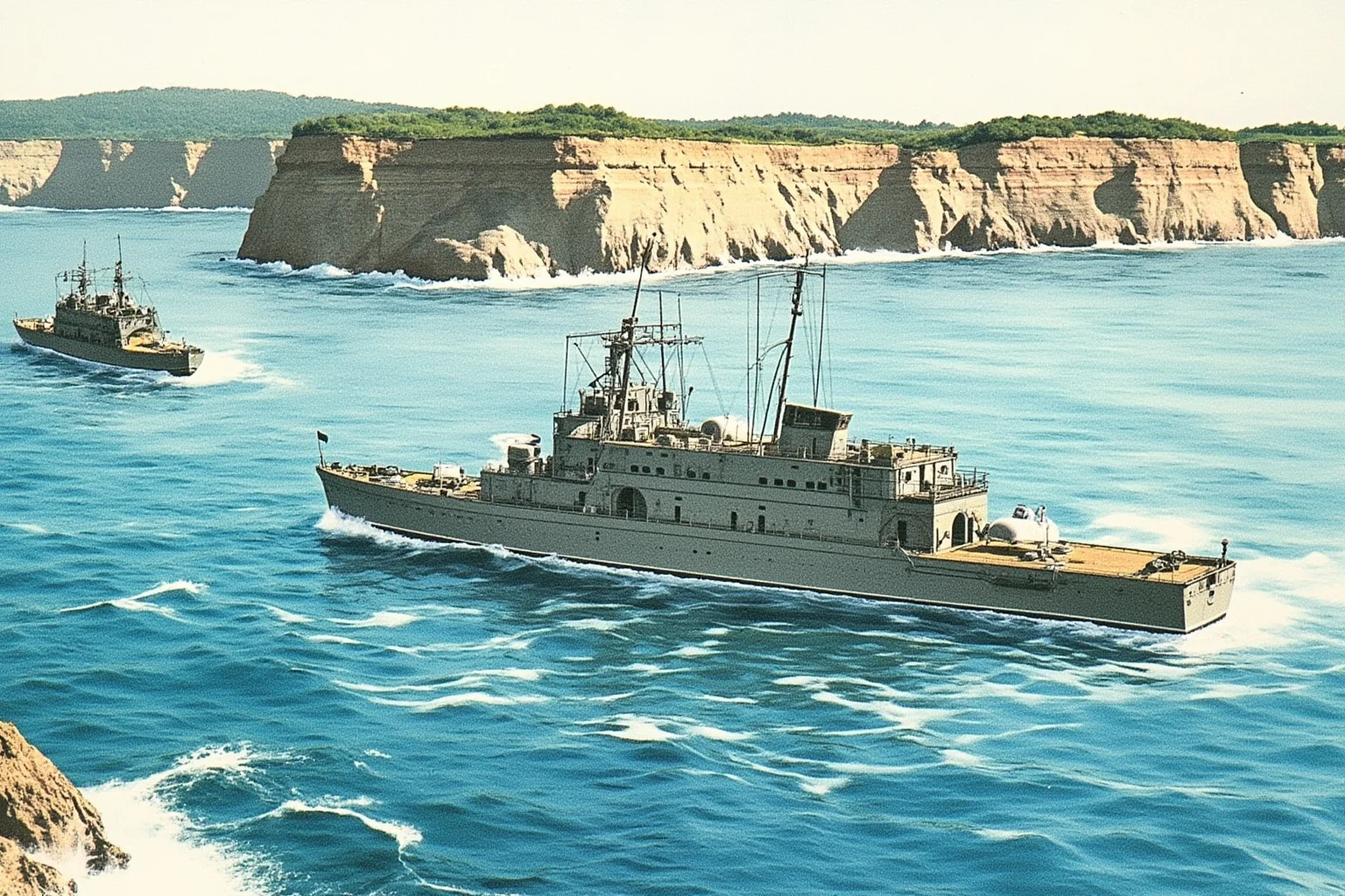 Illustration of amphibious landing craft approaching a Korean harbor with dramatic tidal cliffs