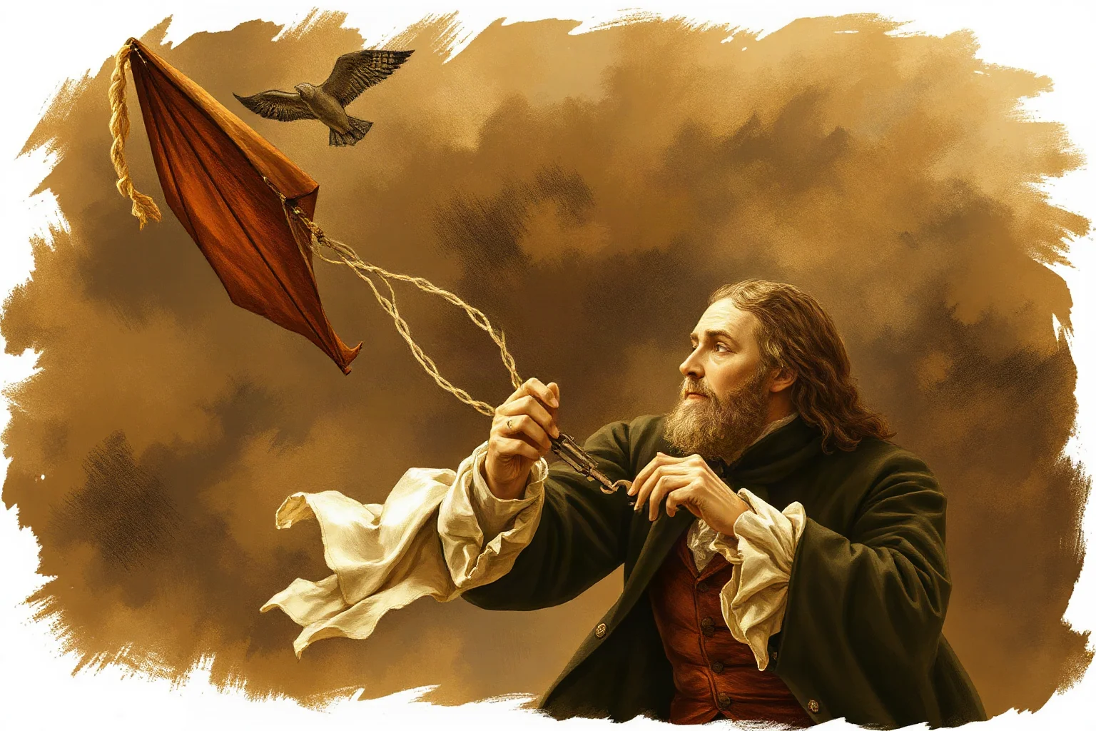 Illustration of an 18th-century American statesman and inventor experimenting with a kite and key during a storm, warm sepia tones