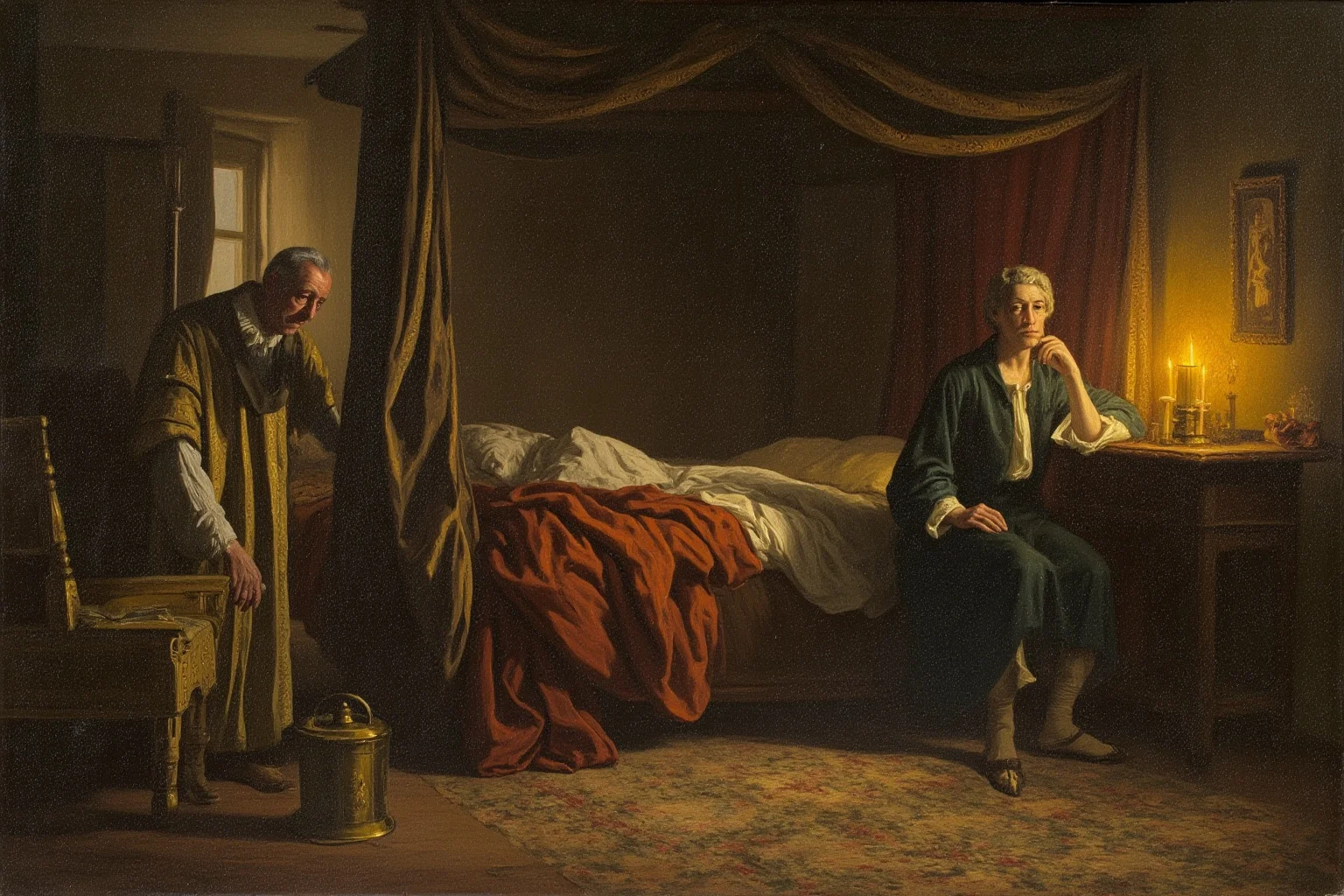 Illustration of an 18th-century bedroom with a robed figure at a bedside and a priest nearby, candlelight, painterly historical style