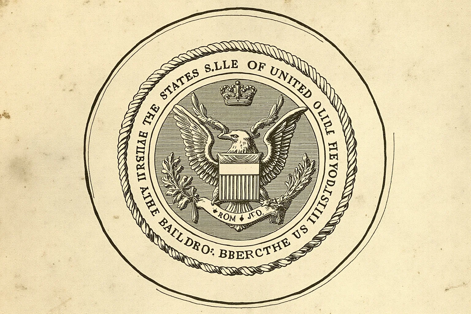 Illustration of an 18th-century engraver crafting the Great Seal of the United States with an eagle and ribbon motto