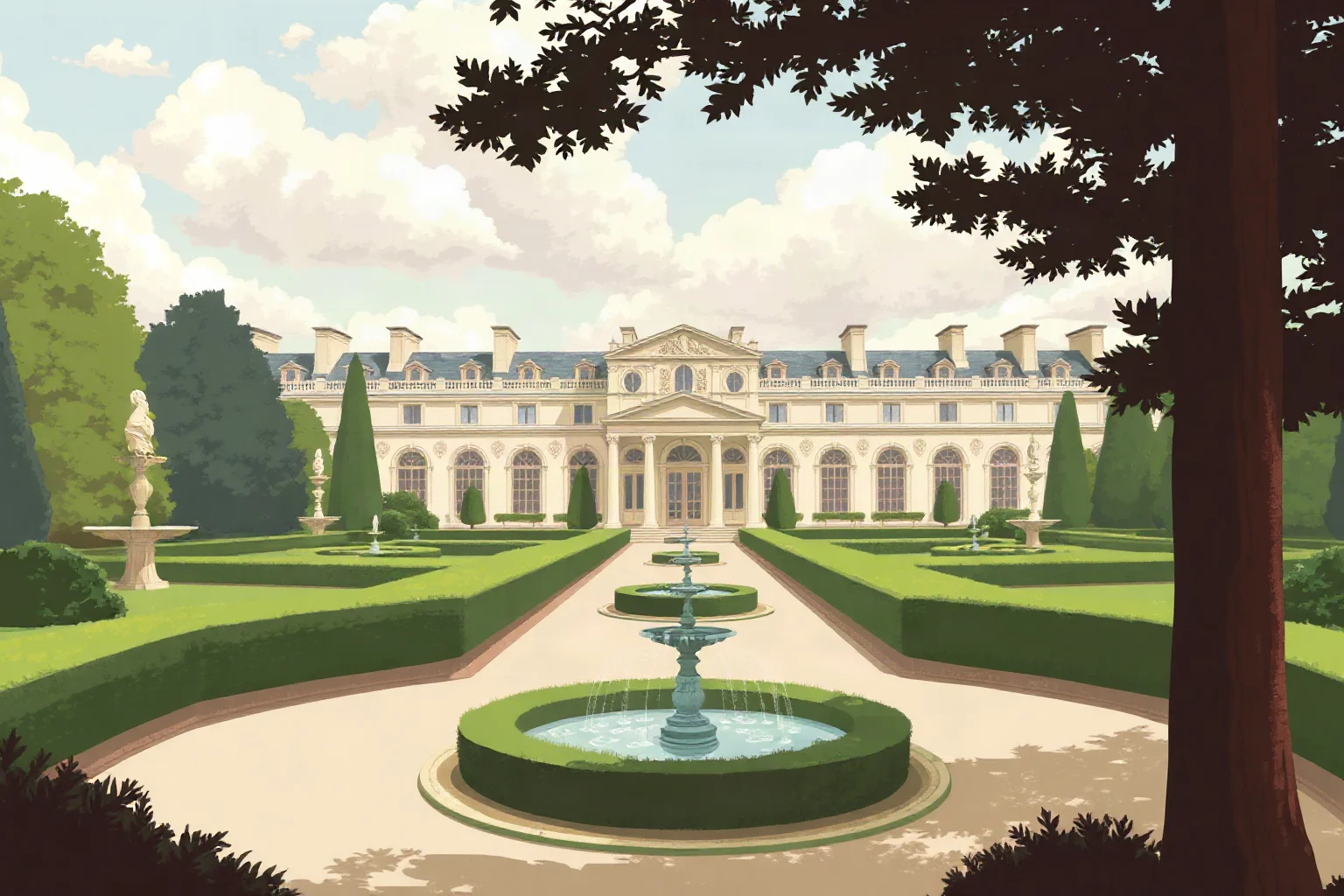 Illustration of an 18th-century French palace garden with ornate hedges and fountains