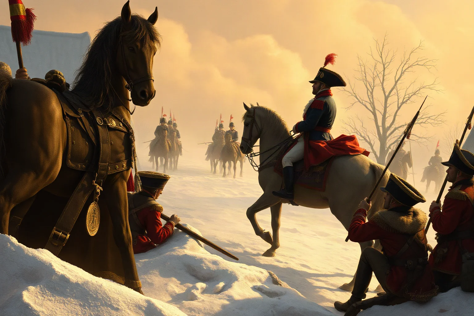 Illustration of an 18th-century general on horseback reviewing troops at a snowy encampment