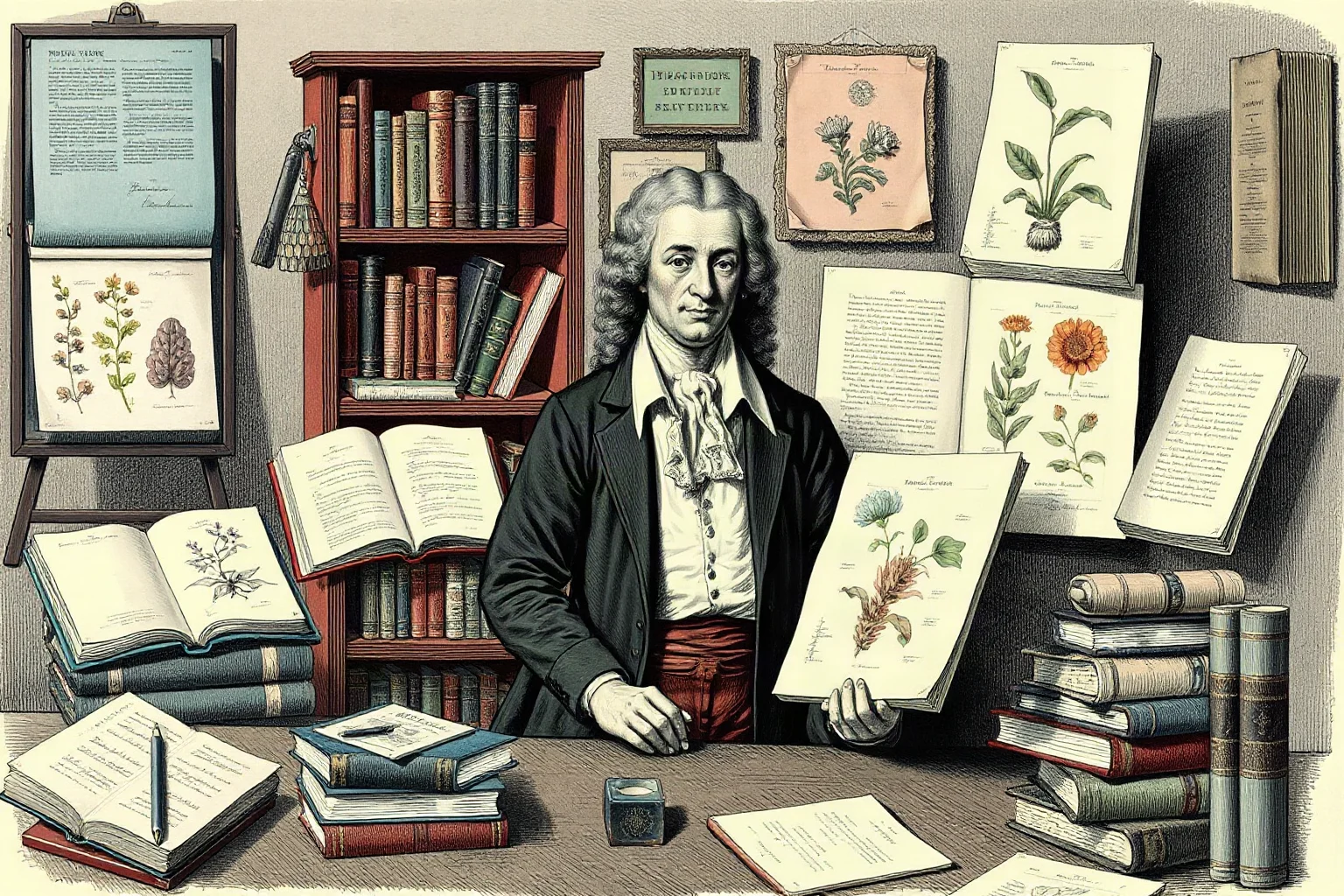 Illustration of an 18th century German gentleman scholar surrounded by books, papers, and botanical sketches
