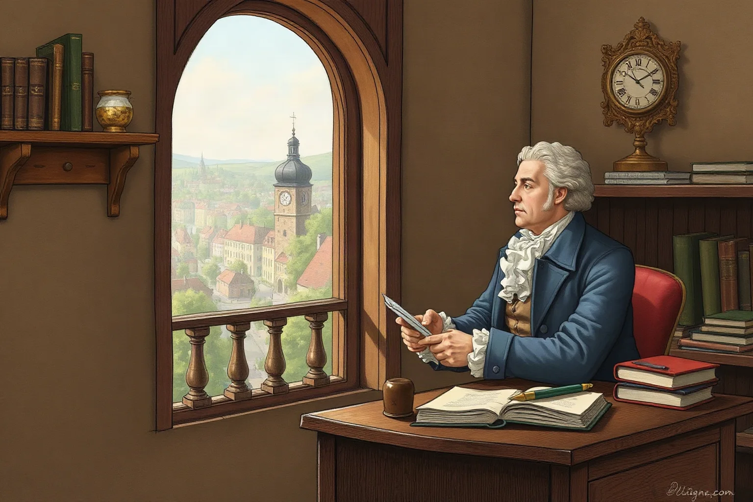 Illustration of an 18th-century German philosopher writing at a tidy desk by a window overlooking a quiet town