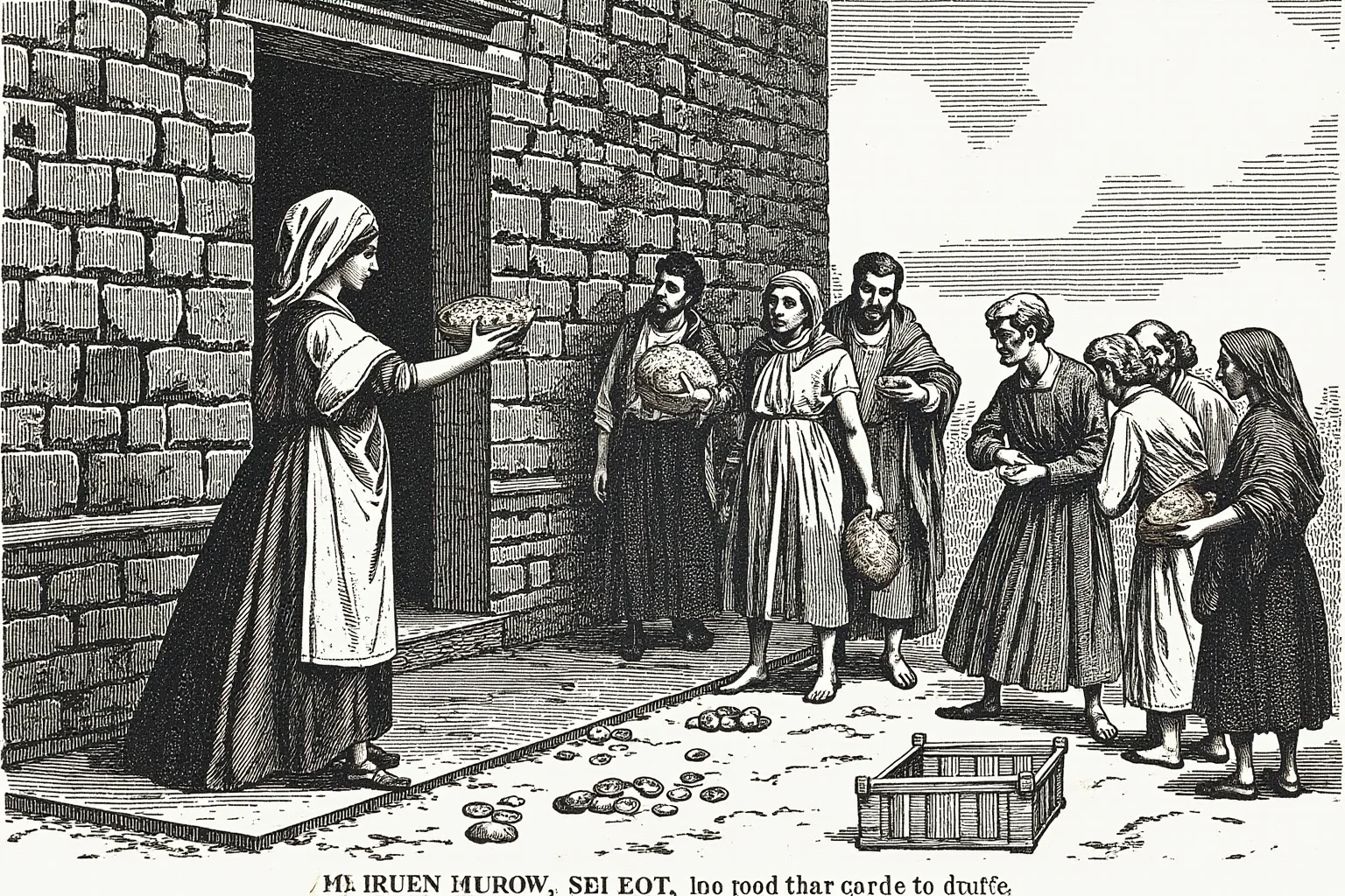 Surprising Facts About Marie Antoinette (And 10 Misconceptions) 13 Illustration of an 18th-century noblewoman distributing bread and coins to poor families outside a stone building