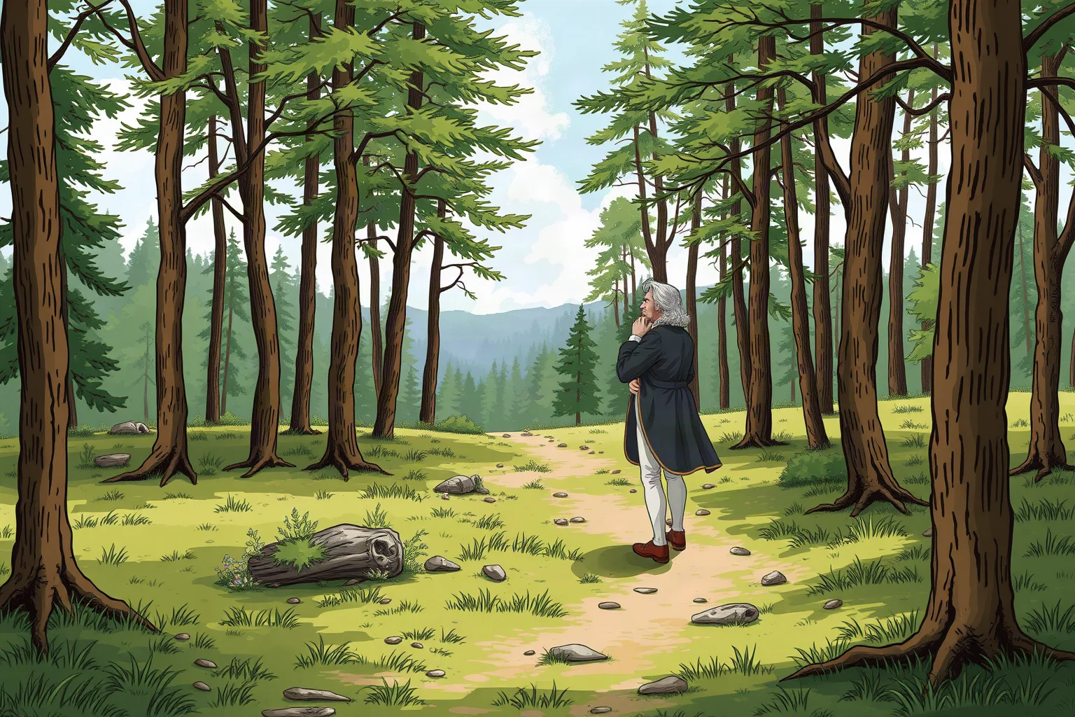 Illustration of an 18th-century philosopher walking through a forest clearing, contemplative, natural landscape