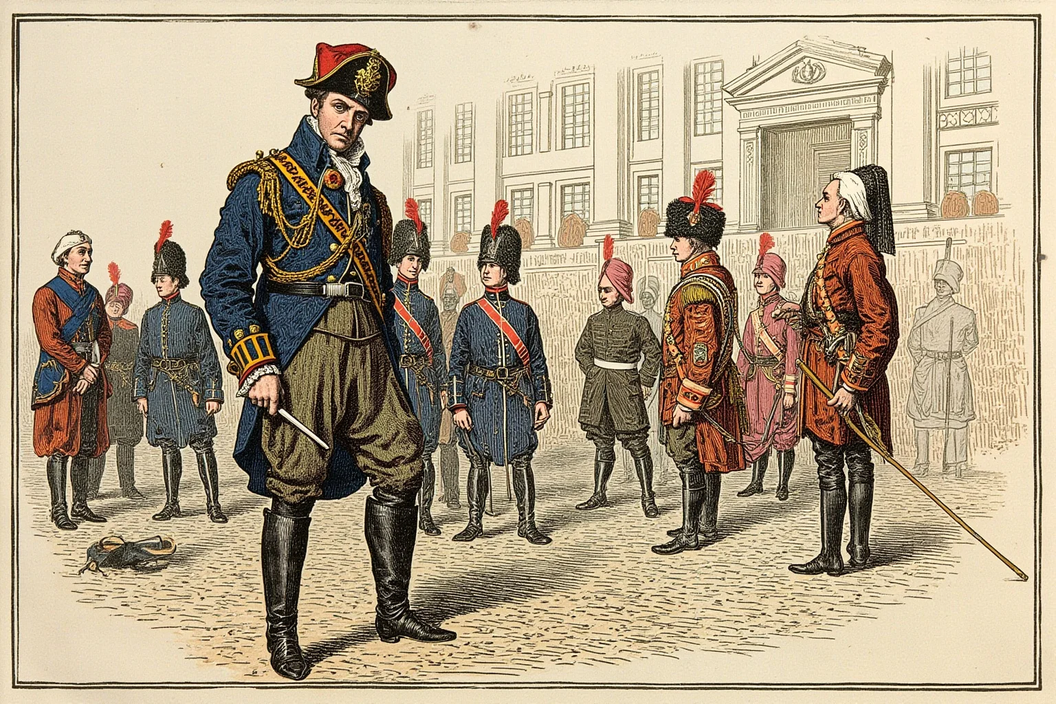 Monarchs Whose Reigns Were Hilariously Short 18 Illustration of an 18th-century Russian emperor in military uniform standing uneasily before palace guards