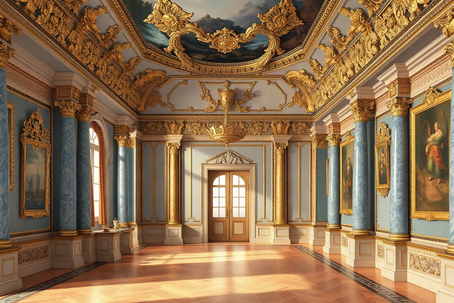 Illustration of an 18th-century Russian imperial palace hall with gold and marble decor