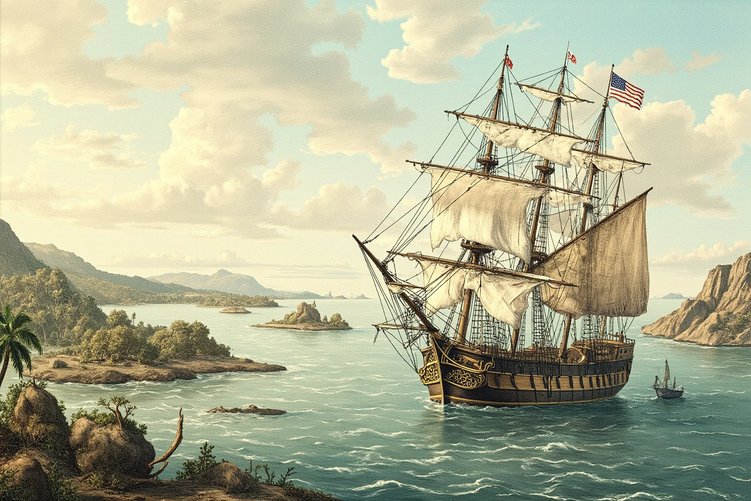 John Montagu, the Earl of Sandwich Who Popularized Our Favorite Lunch Food 8 Illustration of an 18th-century sailing ship exploring near tropical volcanic islands, age-of-exploration style