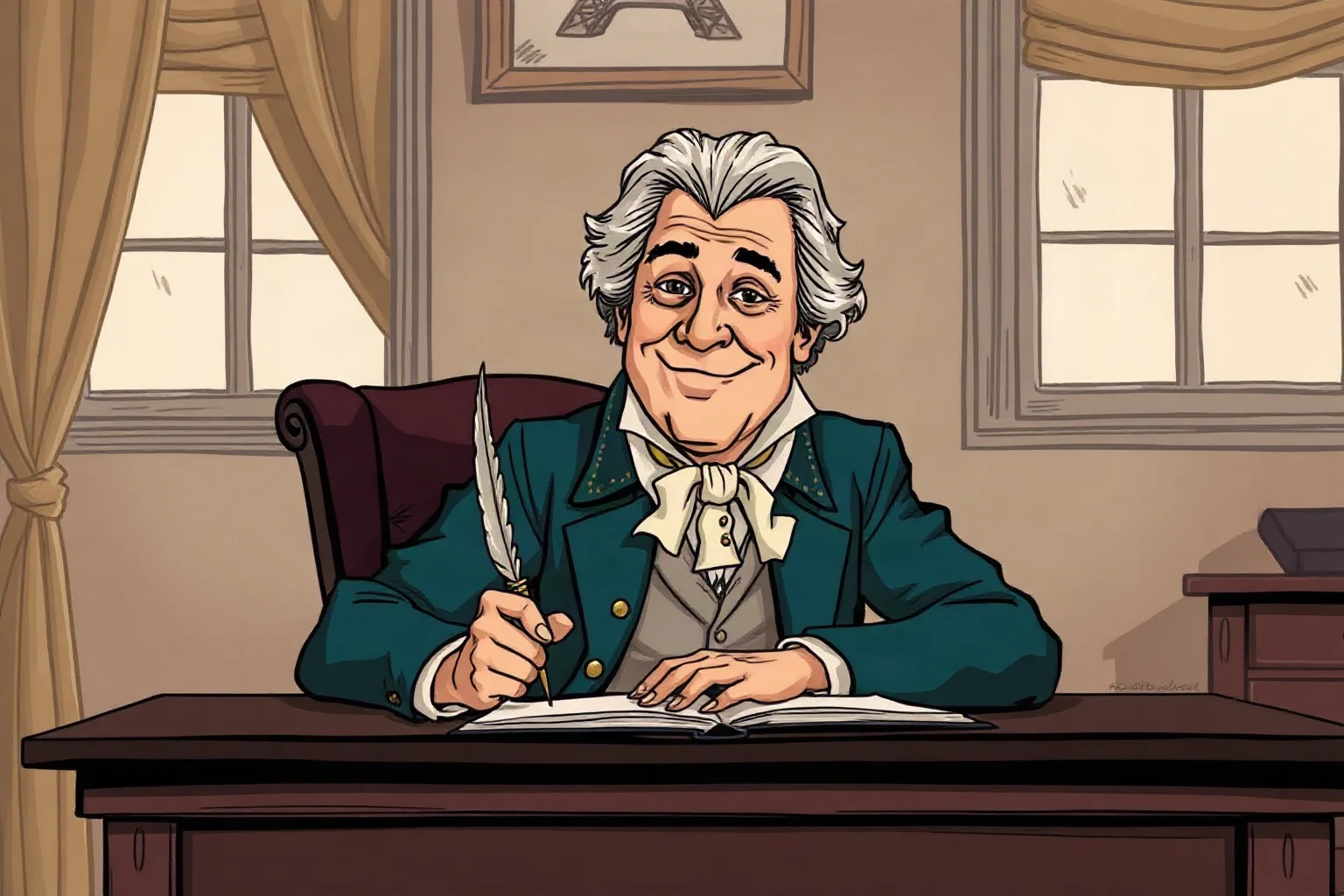 Illustration of an 18th-century satirical writer with a sly smile, quill in hand, seated at a Parisian desk