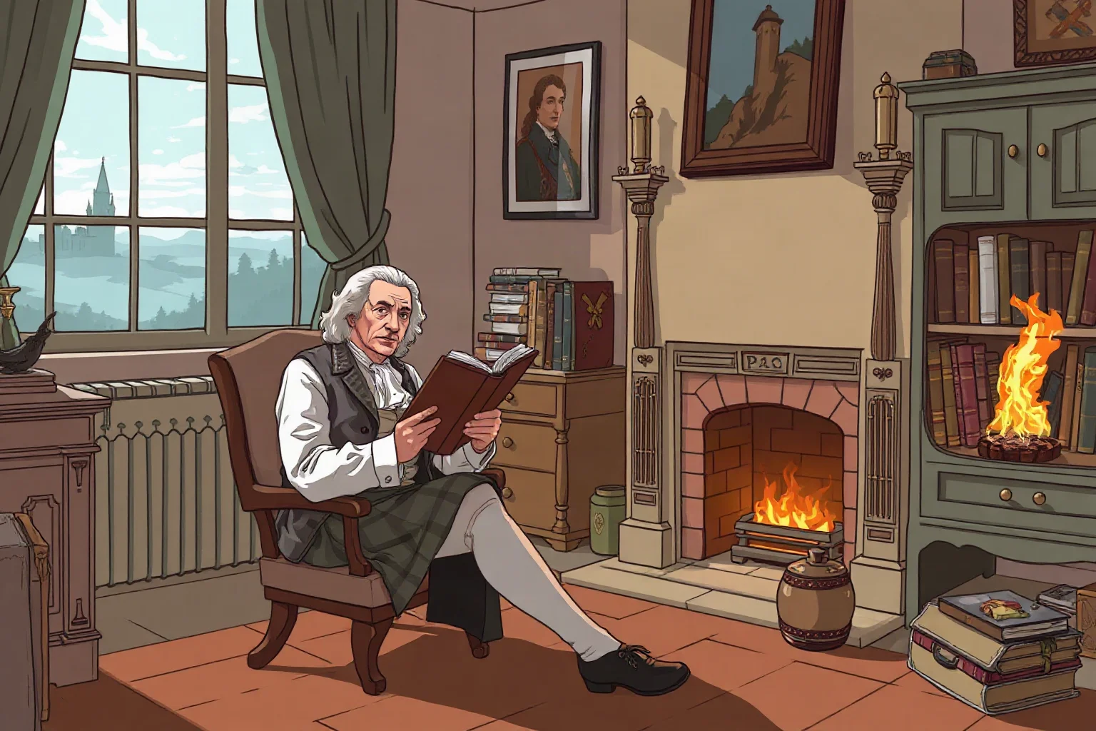 Illustration of an 18th-century Scottish philosopher reading by a fireplace in a modest study