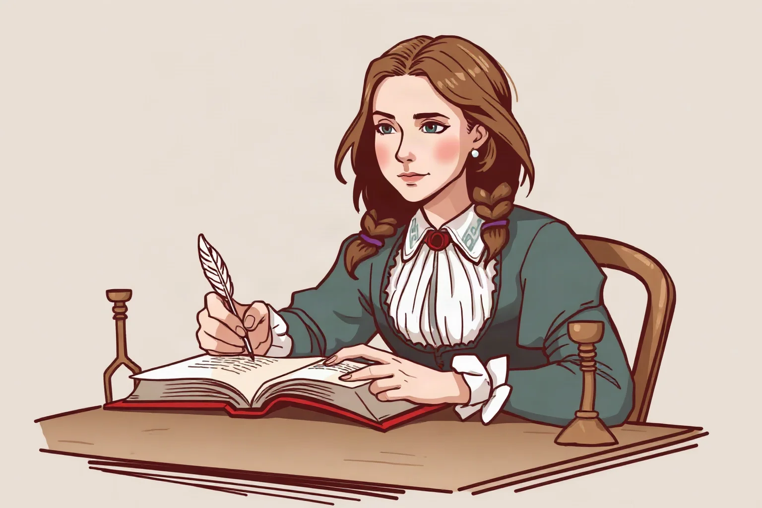 Illustration of an 18th-century woman writer at a desk with an open book and quill, determined expression
