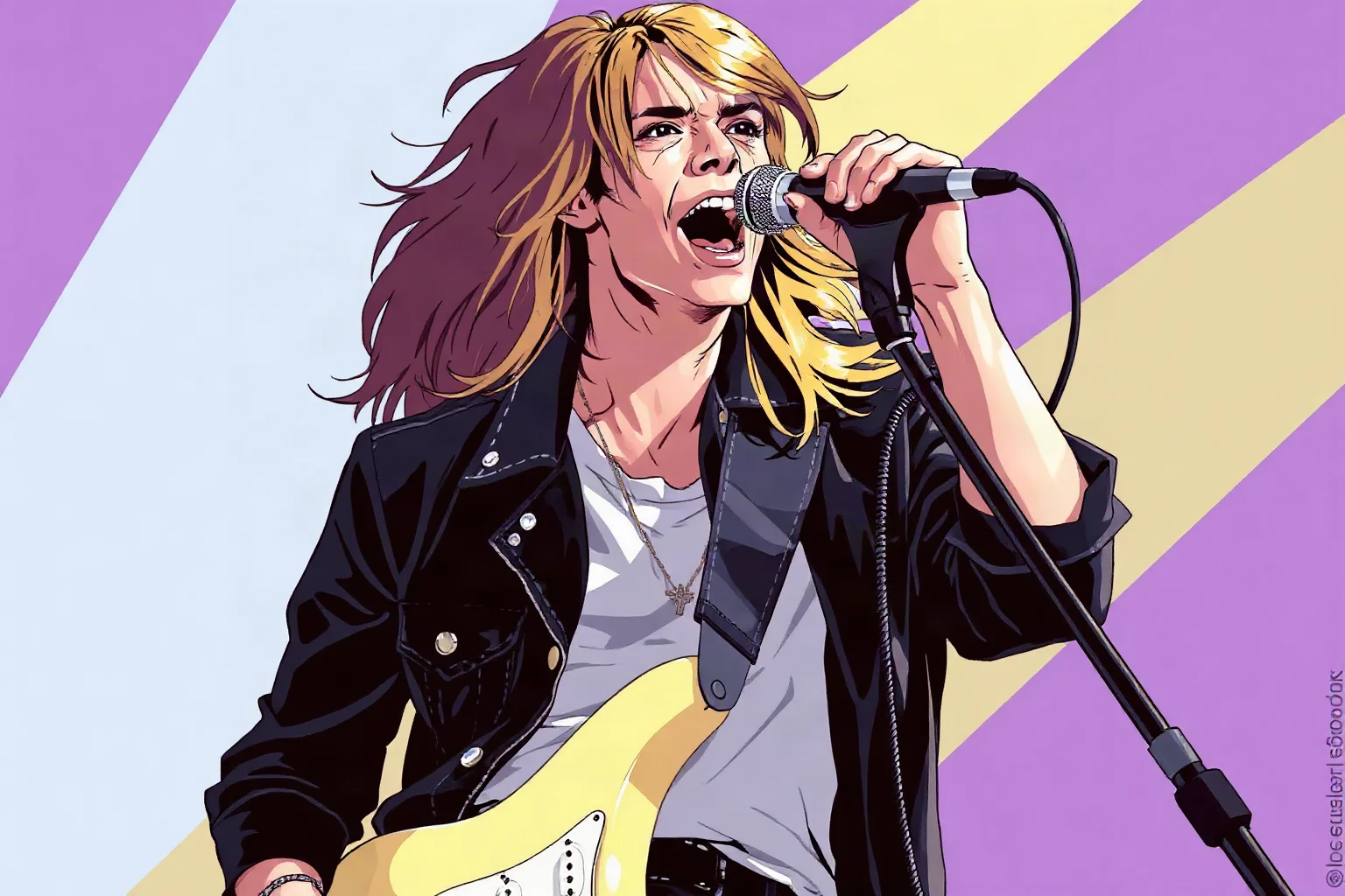 Illustration of an 1980s rock singer with long hair performing energetically with a microphone on a concert stage