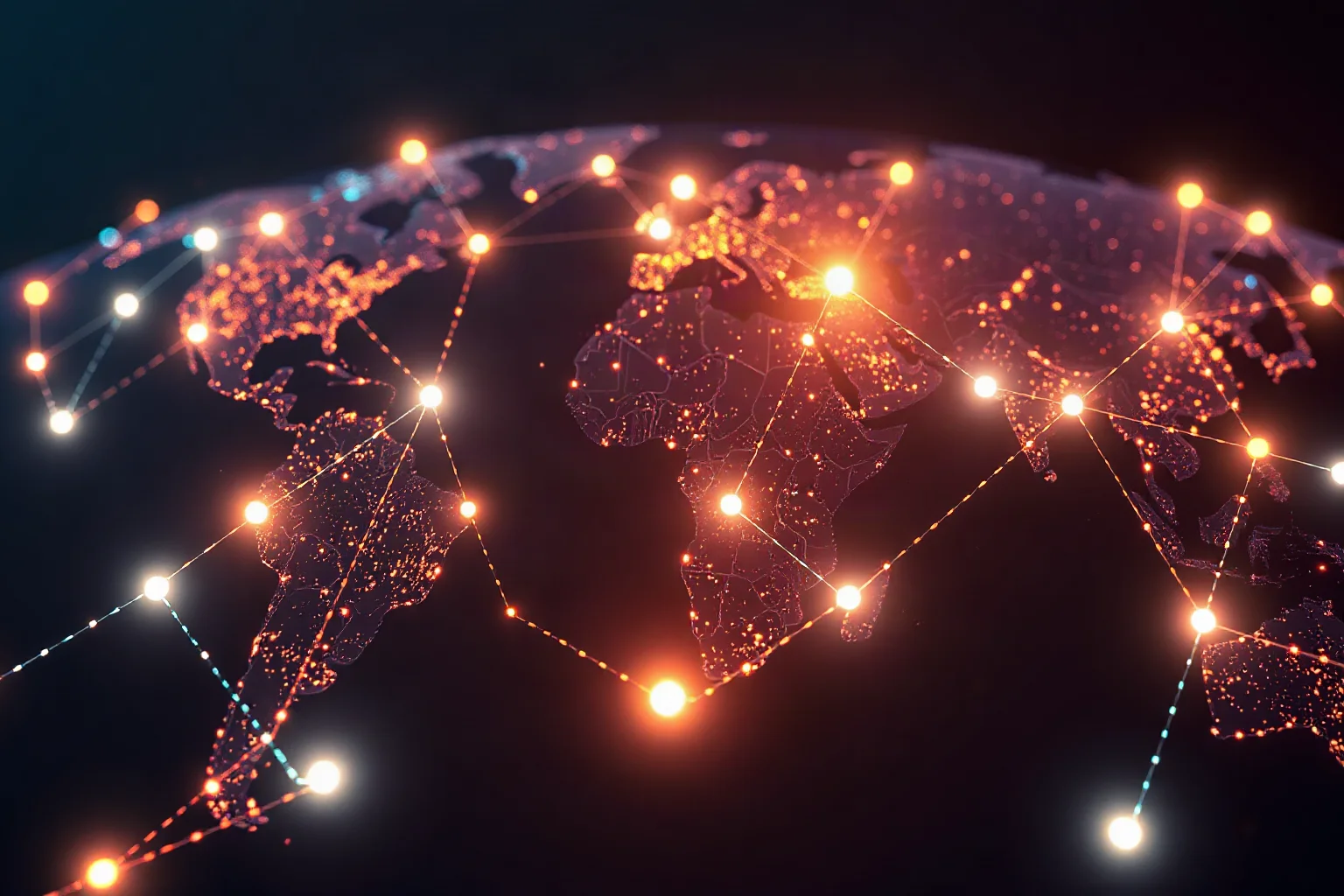 Illustration of an abstract global network of glowing connected lines representing an early internet map