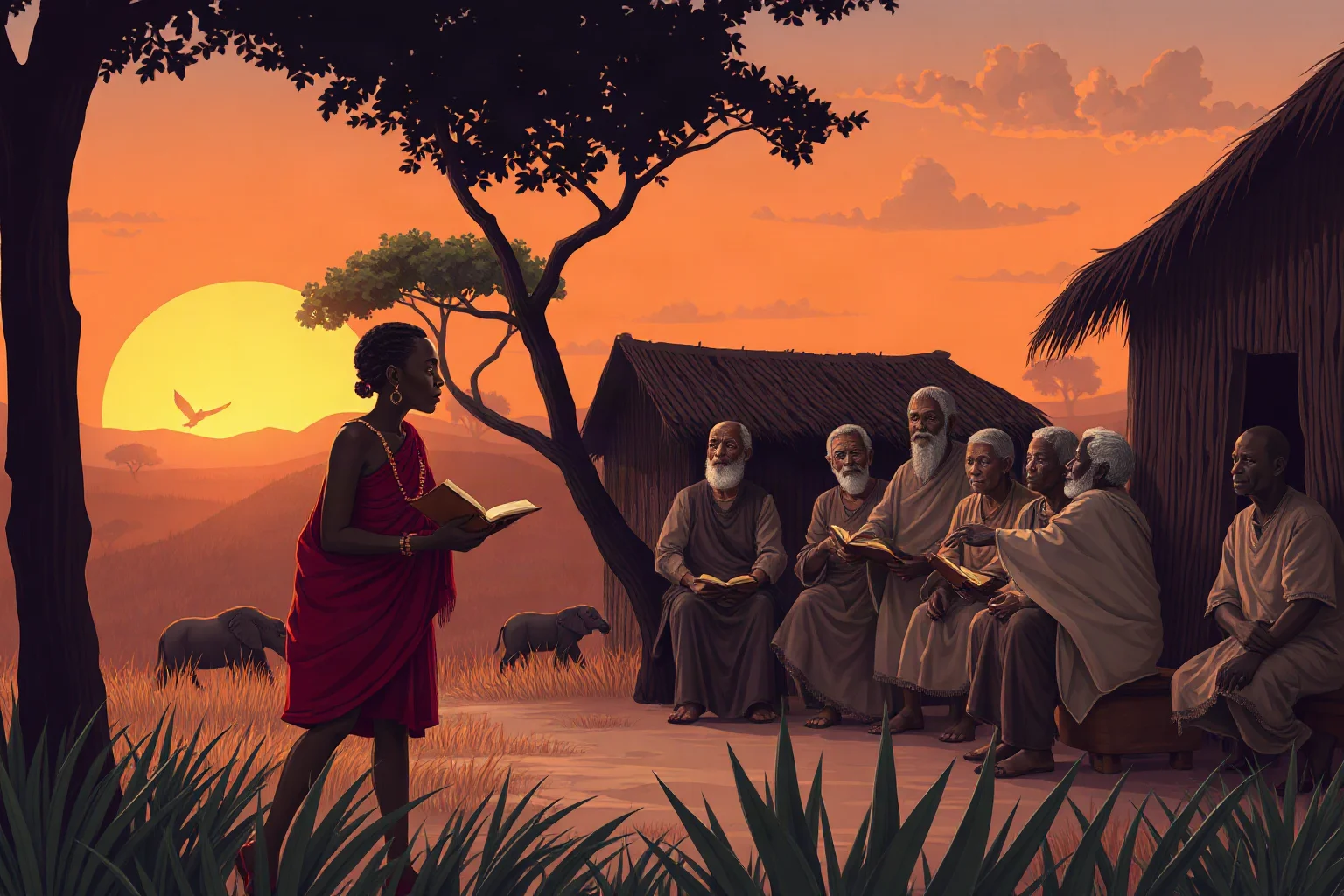 Illustration of an African village at sunset with a storyteller figure and elders gathered, evoking oral and written tradition