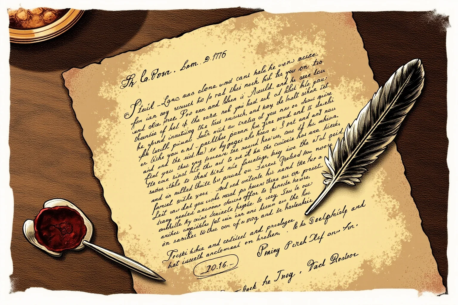 Illustration of an aged parchment document with a quill pen and wax seal on a wooden desk, dated 1776 in style