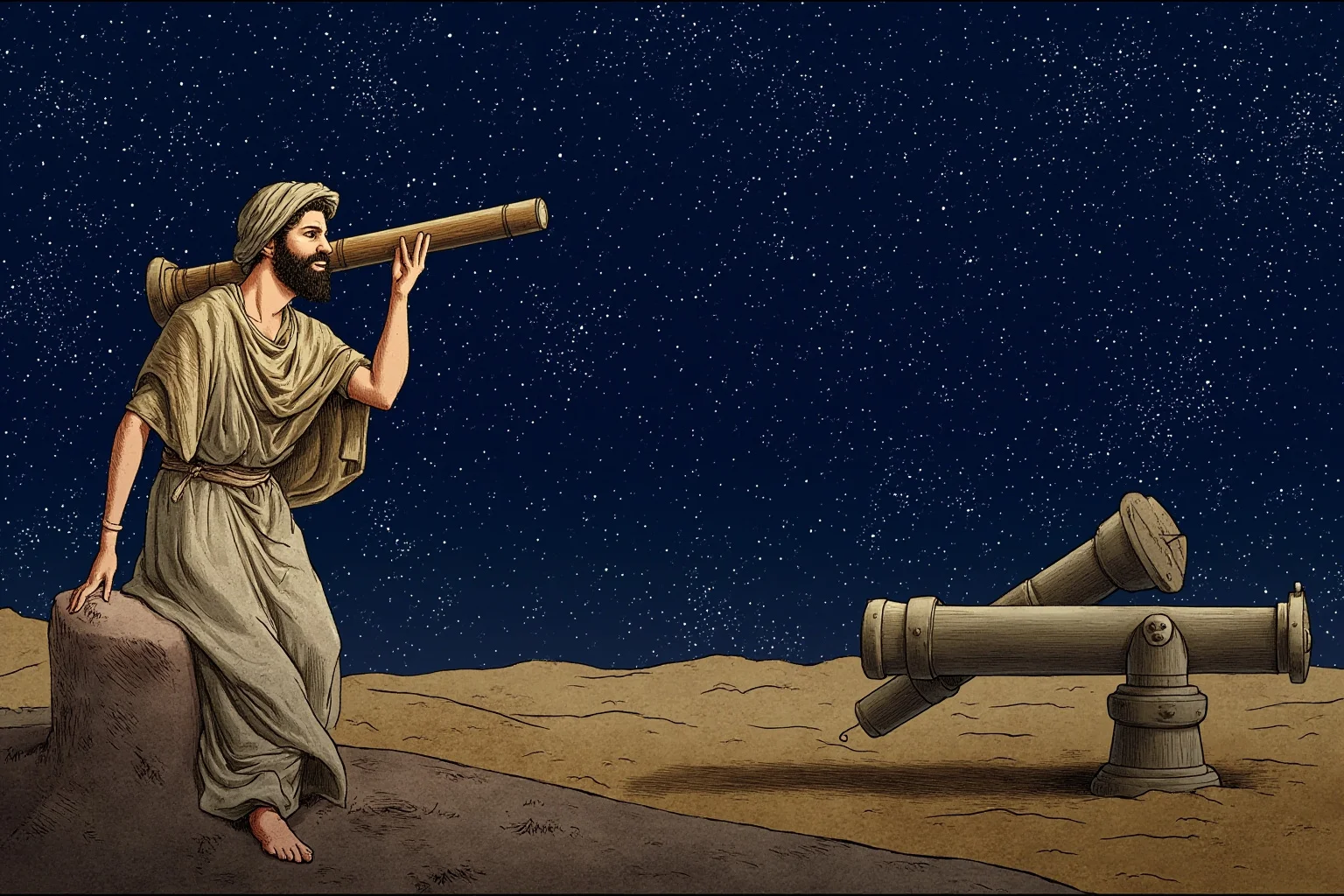 Illustration of an ancient astronomer using simple instruments to observe the night sky and stars