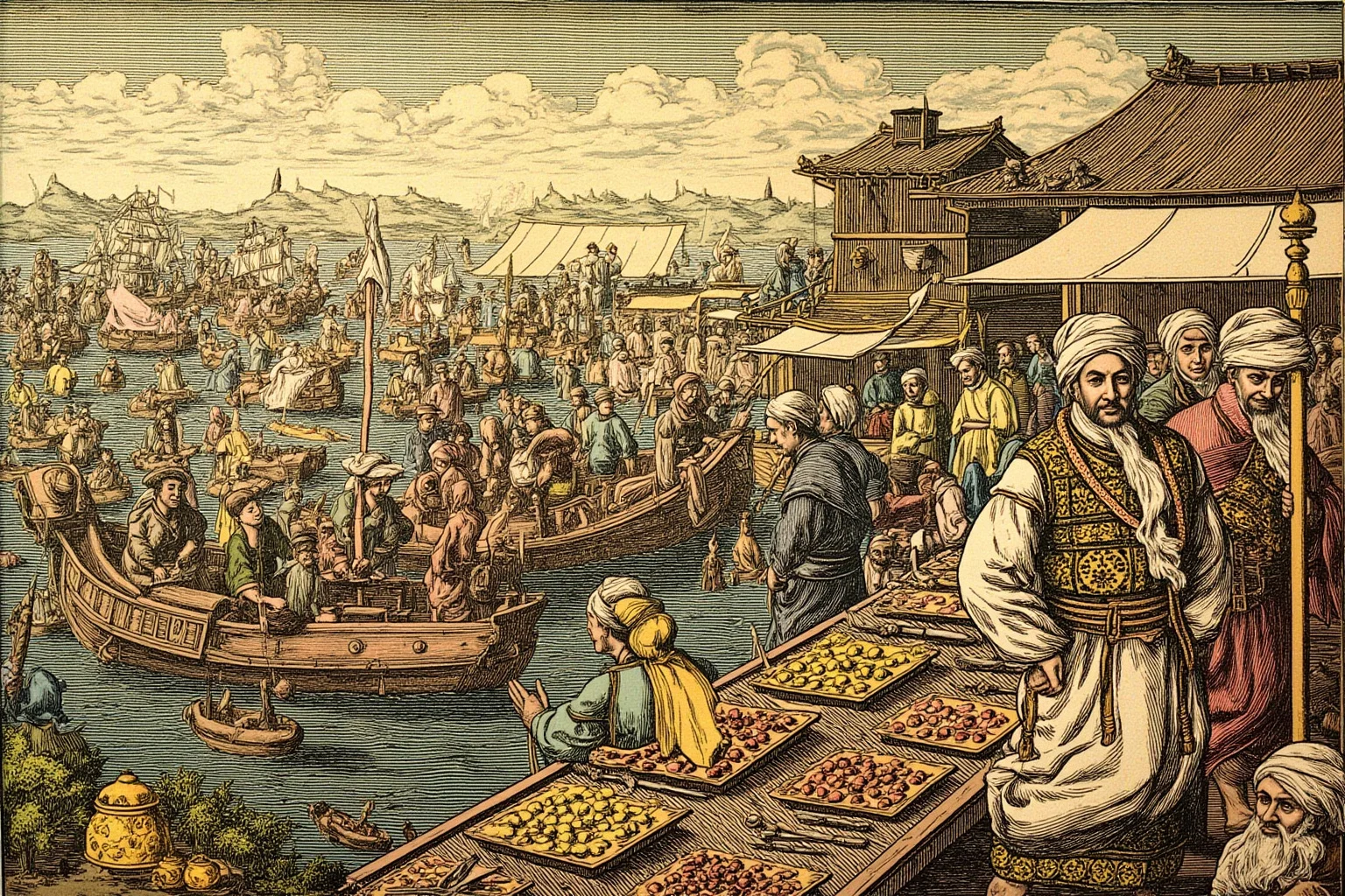 Illustration of an ancient bustling harbor market with merchants trading silk, spices, and gold