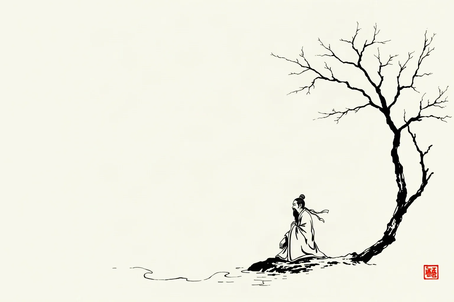 Illustration of an ancient Chinese philosopher sitting quietly beside a flowing river, minimalist ink-style art