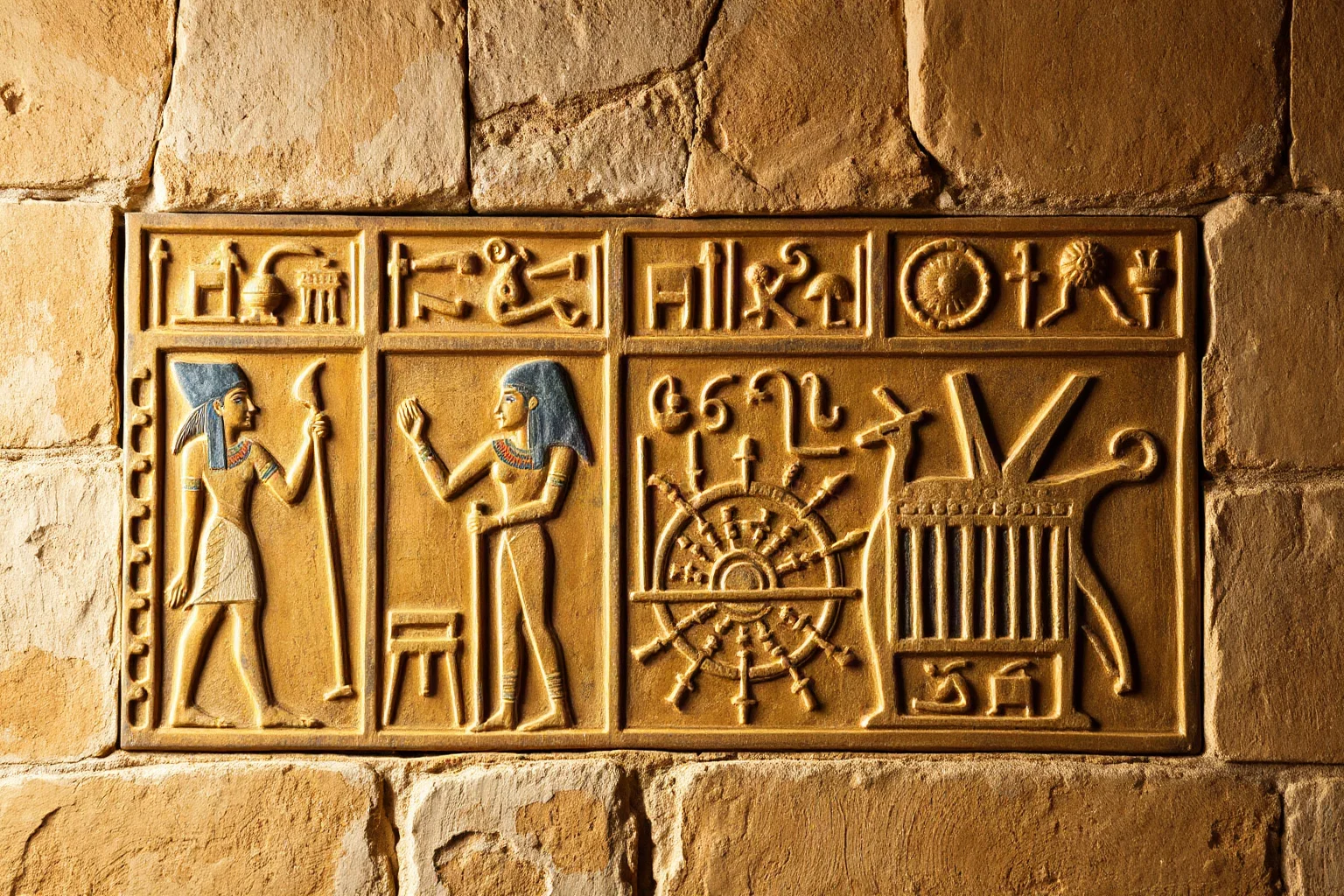 Illustration of an ancient Egyptian calendar wall carving showing seasonal symbols and sun motifs