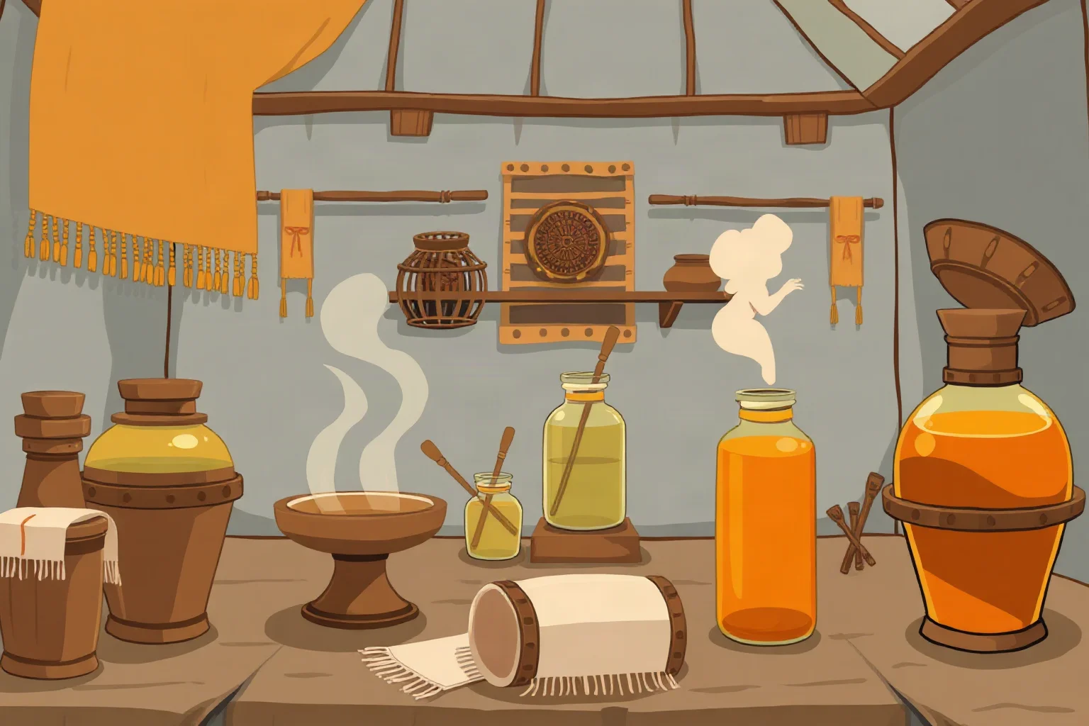 Illustration of an ancient Egyptian embalmer's workshop with canopic jars and linen wrappings, tasteful and non-graphic