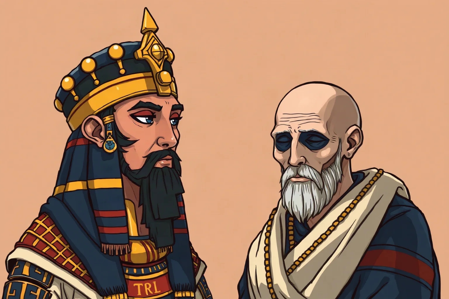 Illustration of an ancient Egyptian noble wearing an elaborate wig alongside a shaved-head priest