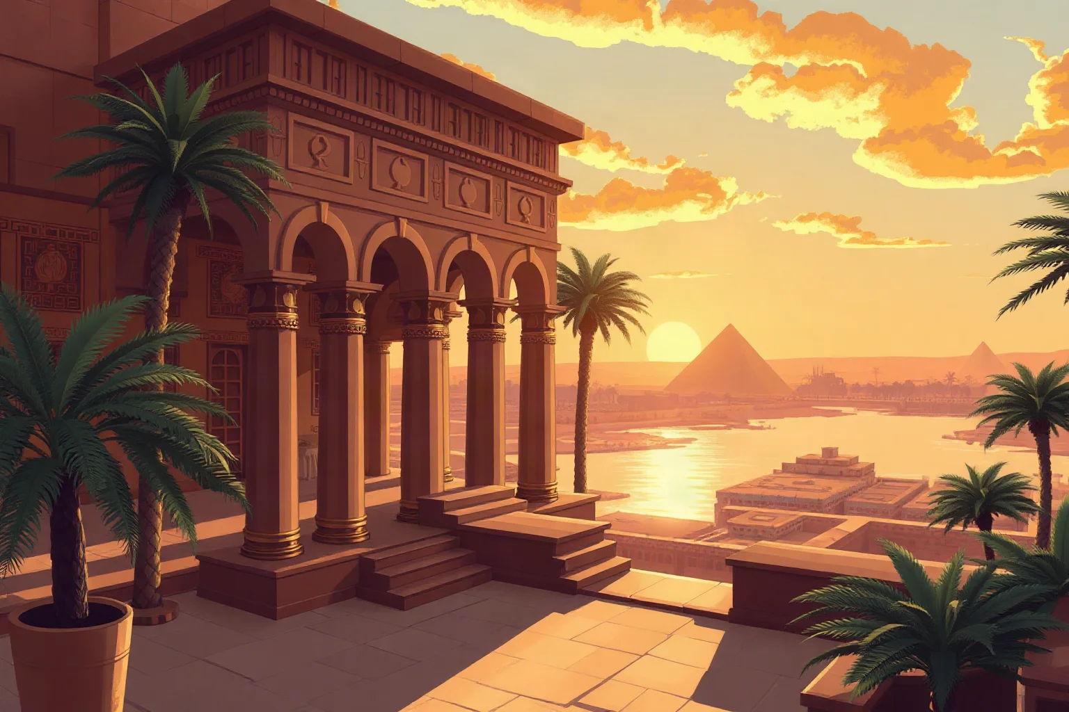 Illustration of an ancient Egyptian palace courtyard overlooking the Nile at sunset