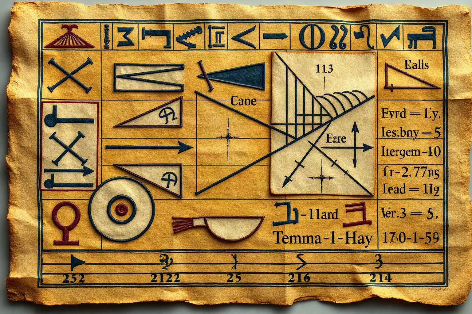 Illustration of an ancient Egyptian papyrus covered in mathematical diagrams and hieroglyphic numerals