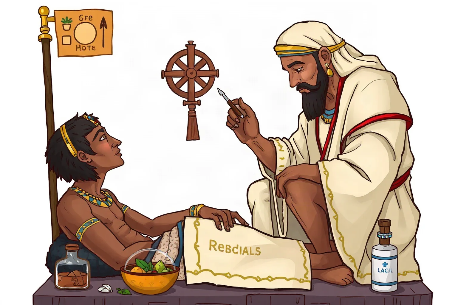 Illustration of an ancient Egyptian physician treating a patient with medical tools and herbal remedies