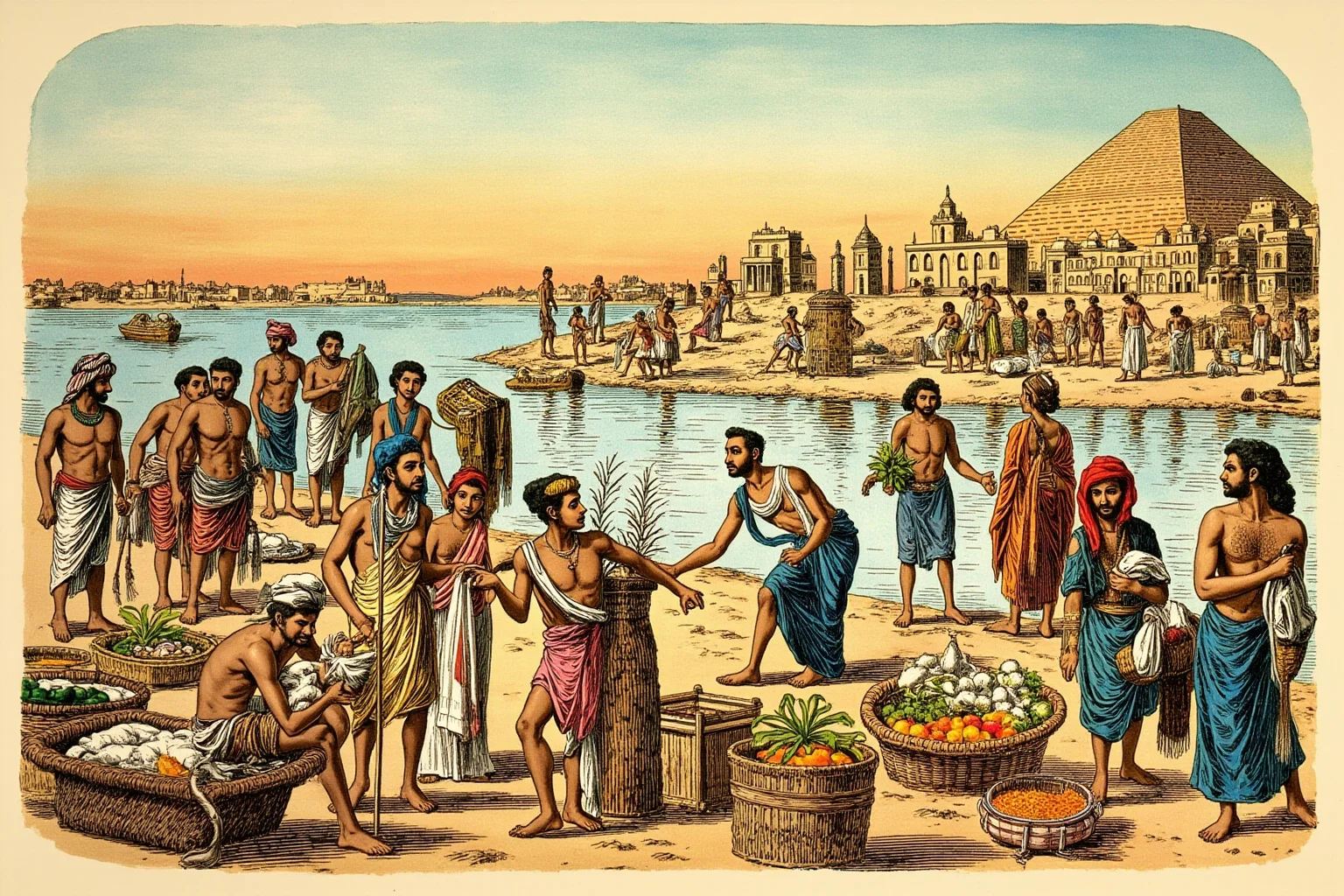 The Role of Markets and Bazaars in Ancient Economies 5 Illustration of an ancient Egyptian riverside market scene along the Nile with bartering traders