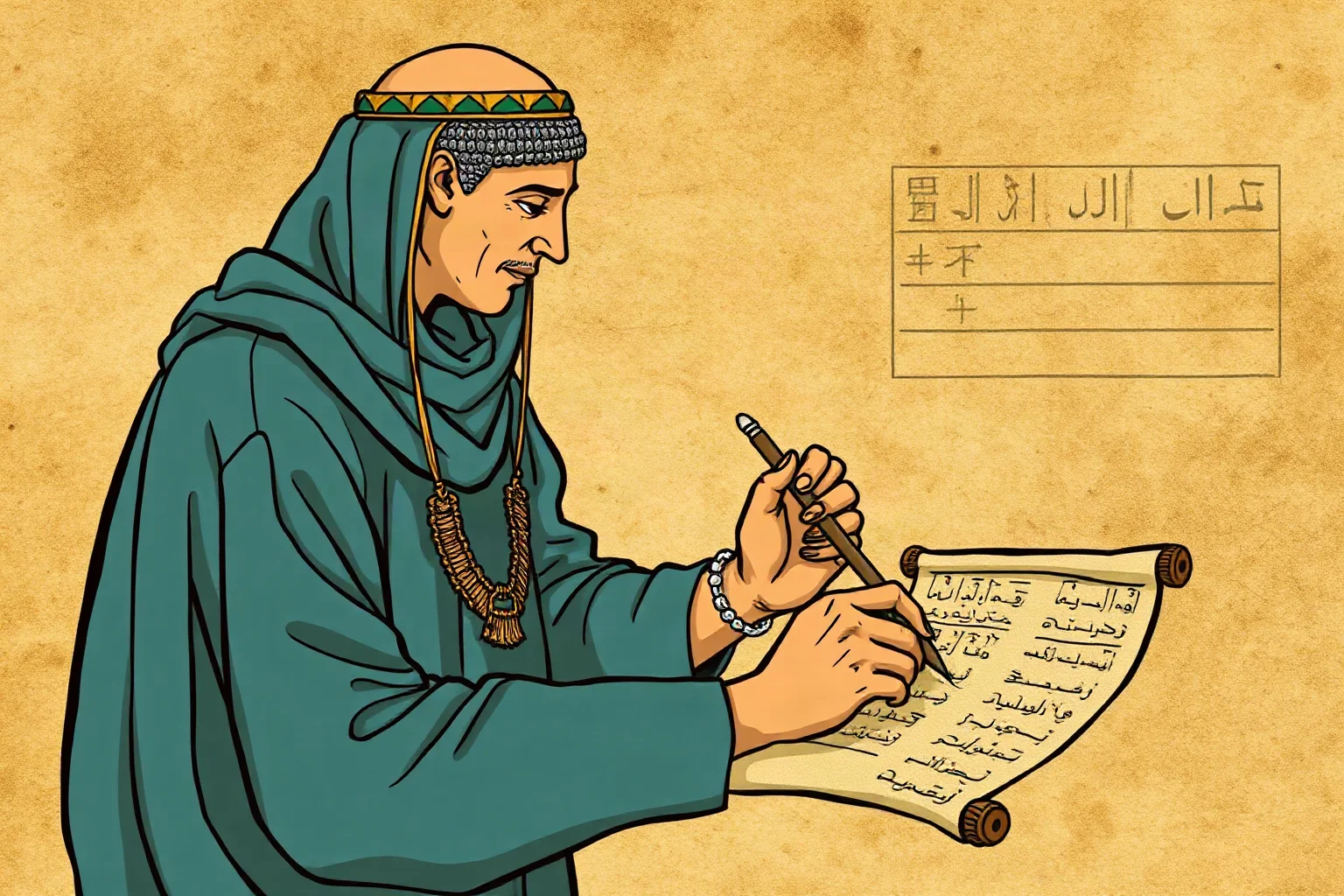 Illustration of an ancient Egyptian scribe writing on papyrus scrolls with reed pens