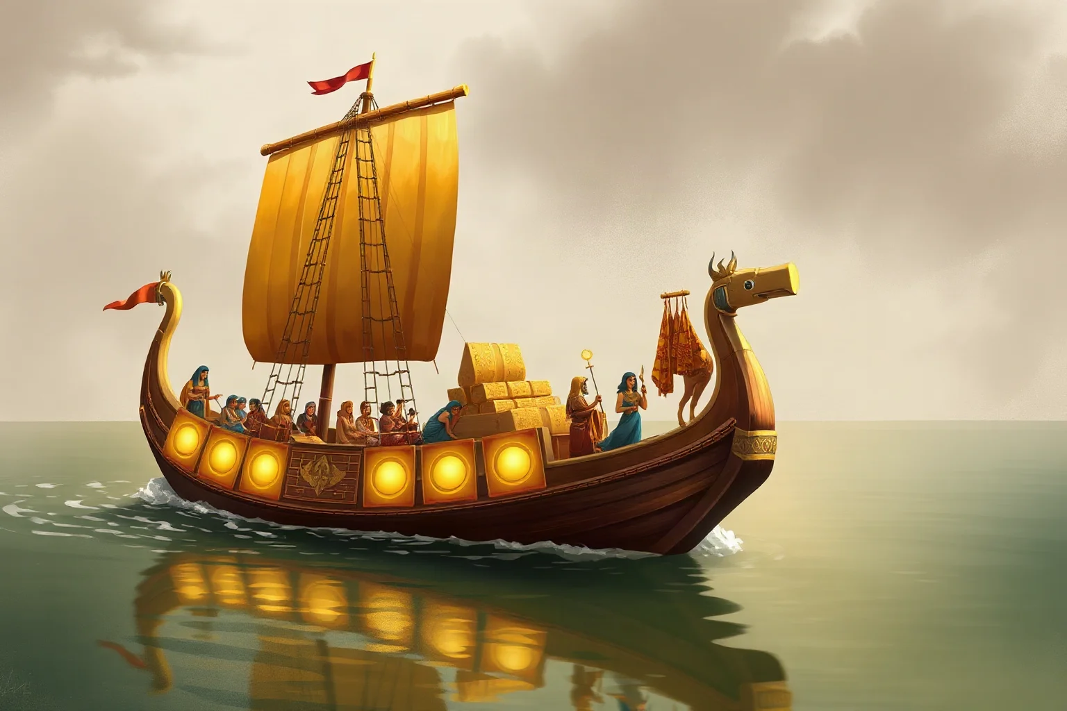 Illustration of an ancient Egyptian trade ship loaded with gold, ivory, and incense on the Nile