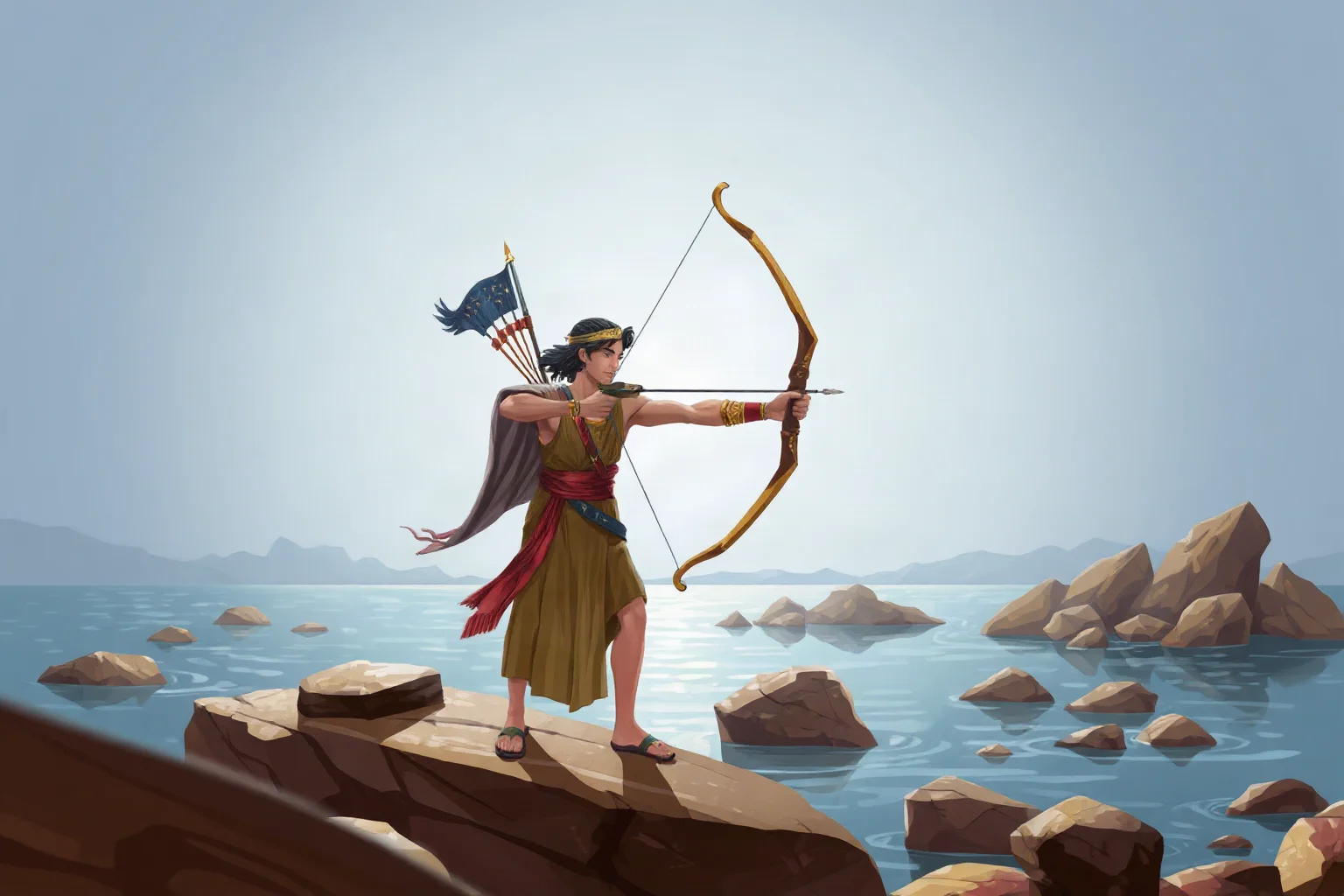 Illustration of an ancient Greek archer with a legendary bow resting on a rocky island shore