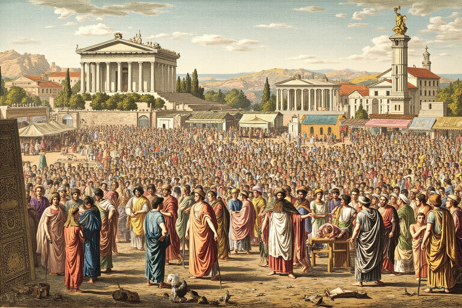 The Role of Markets and Bazaars in Ancient Economies 20 Illustration of an ancient Greek festival day with crowds gathering near market stalls and a temple