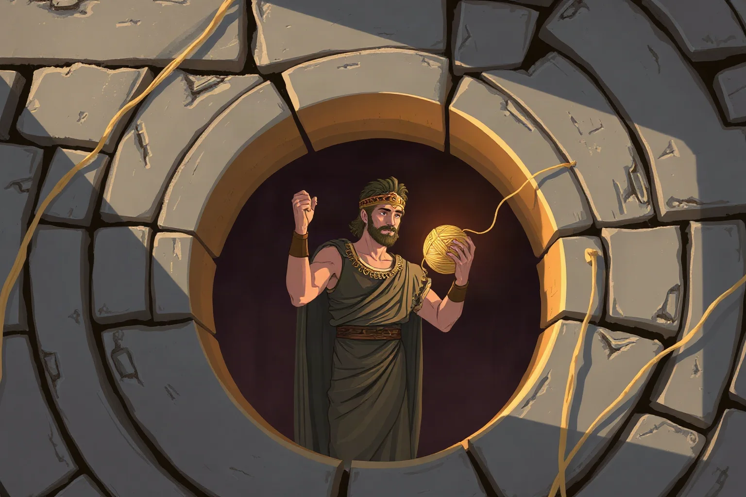 Illustration of an ancient Greek hero holding a ball of thread inside a stone labyrinth