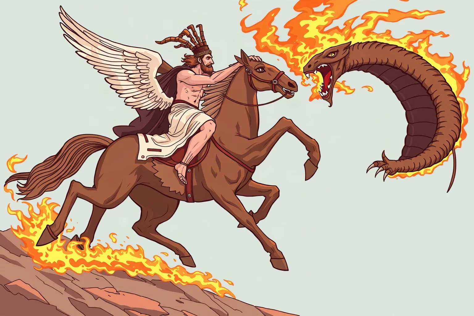 Illustration of an ancient Greek hero riding a winged horse battling a fire-breathing lion-goat-serpent creature