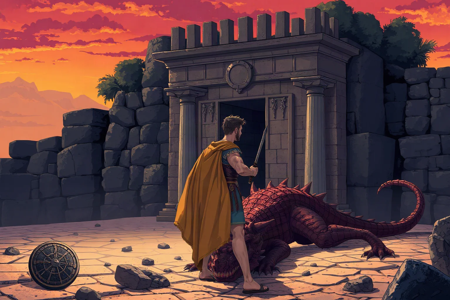 Illustration of an ancient Greek hero standing before a fallen dragon near a stone city gate