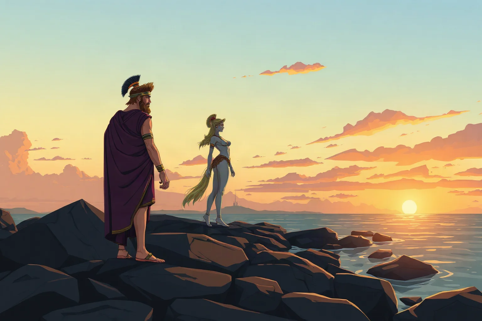 Illustration of an ancient Greek hero standing beside a sea nymph on a rocky shoreline at sunset