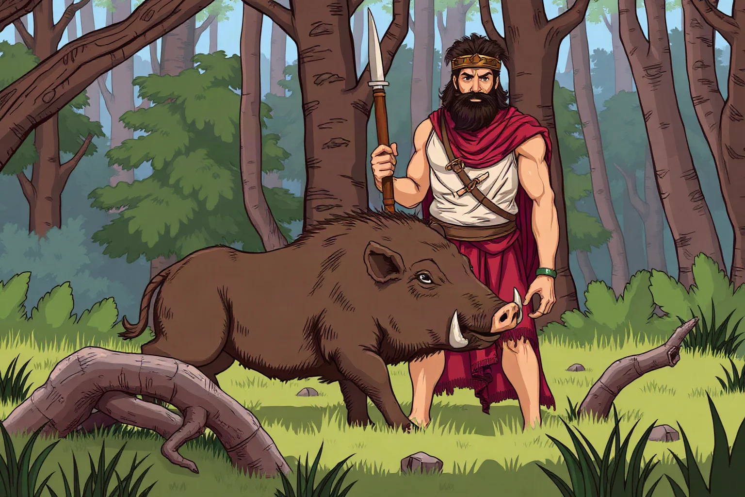 Illustration of an ancient Greek hero standing beside a hunted wild boar in a forest clearing