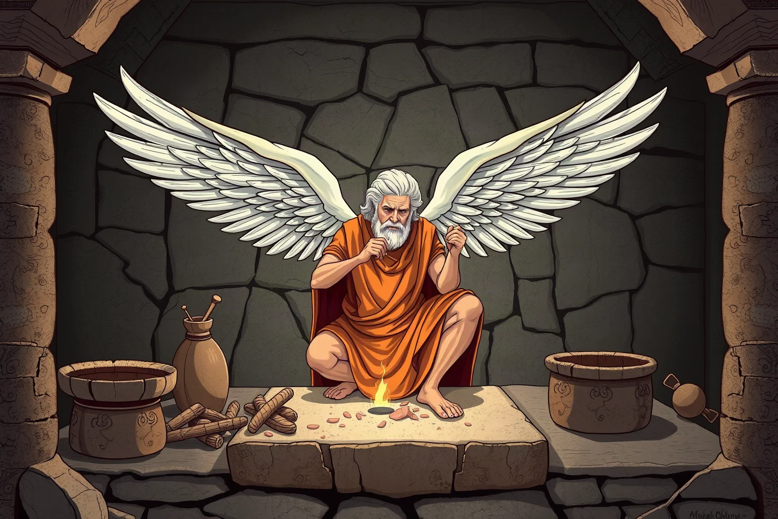 Illustration of an ancient Greek inventor crafting feathered wings in a stone workshop