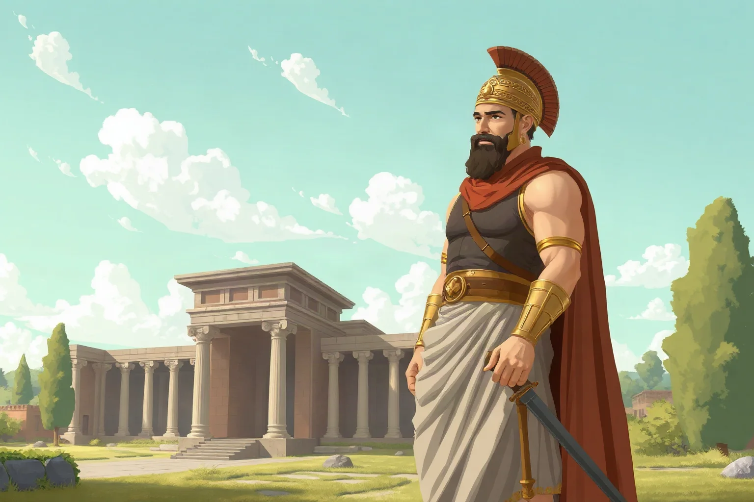 Illustration of an ancient Greek king in royal robes and armor standing near a palace courtyard